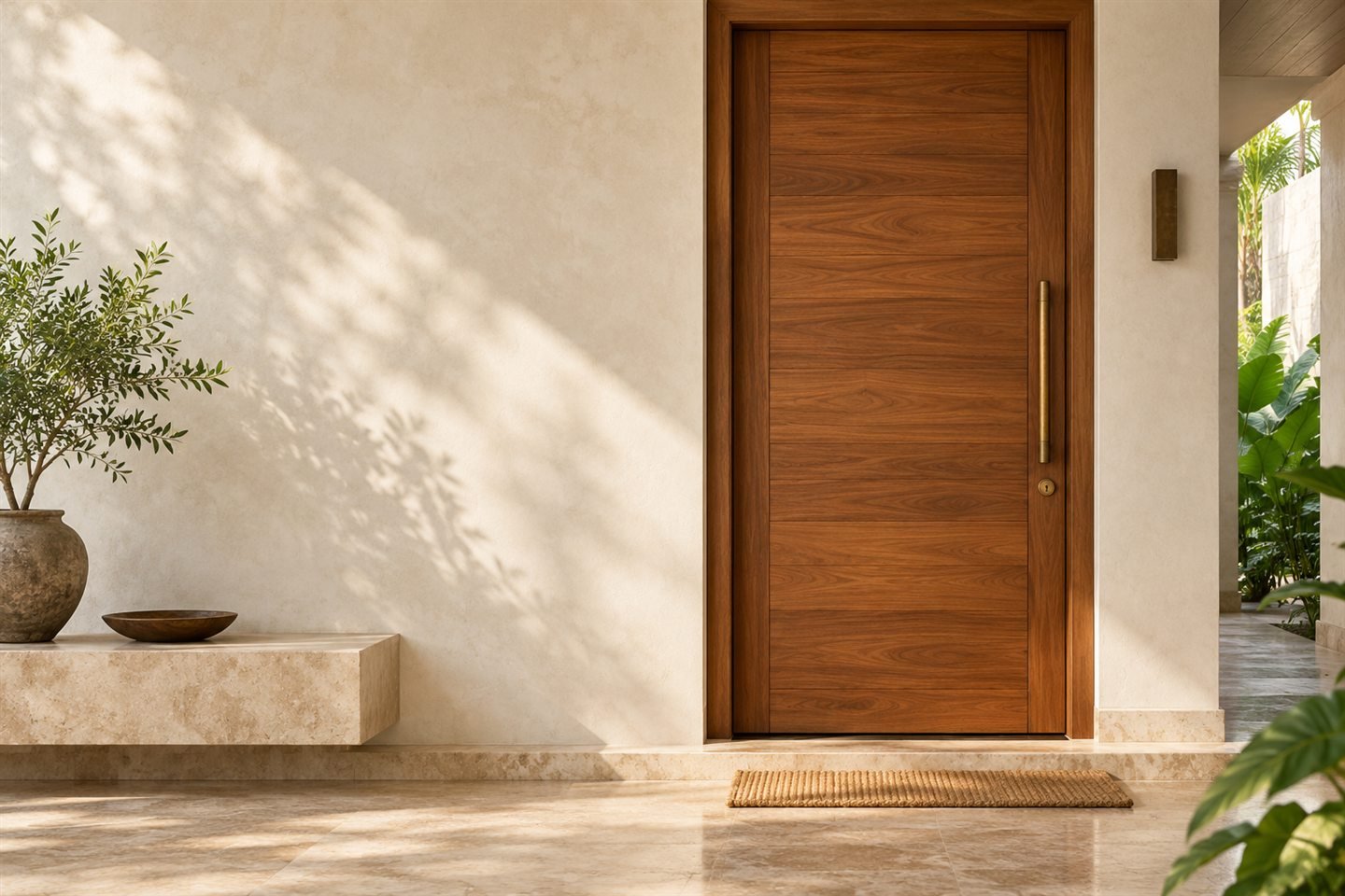 Wooden entrance door in a contemporary home with warm stone and pale walls